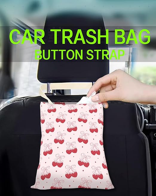 Car Trash Can, Durable Hanging Car Trash Garbage Bag, Cute Automotive Garbage Cans Organizer, Cute Pink Strawberry Bow