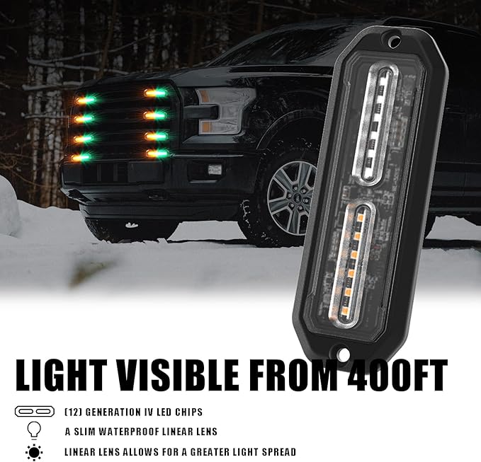 WINECO Green/Amber led strobe lights for trucks 8pcs 12-LED Surface Mount Flashing Strobe Lights kit for Trucks Car Vehicles LED Mini Grille Grill Strobe Light Head Emergency Hazard Warning lights