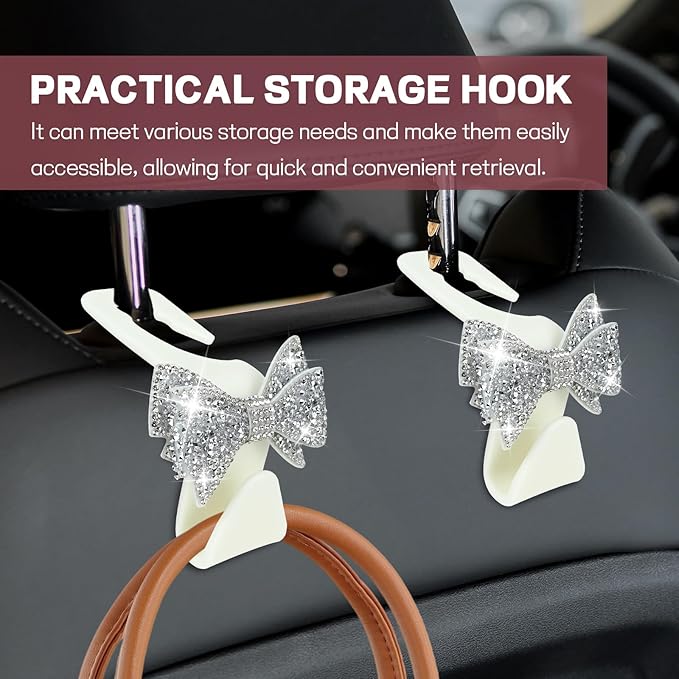 2PCS Bling Bow Car Seat Headrest Hook, Cute Bow Purse Hanger for Cars, Crystal Rhinestone Auto Seat Back Storage Hanging Hooks for Handbag Umbrella Coat Grocery Bags, Car Accessories (White)