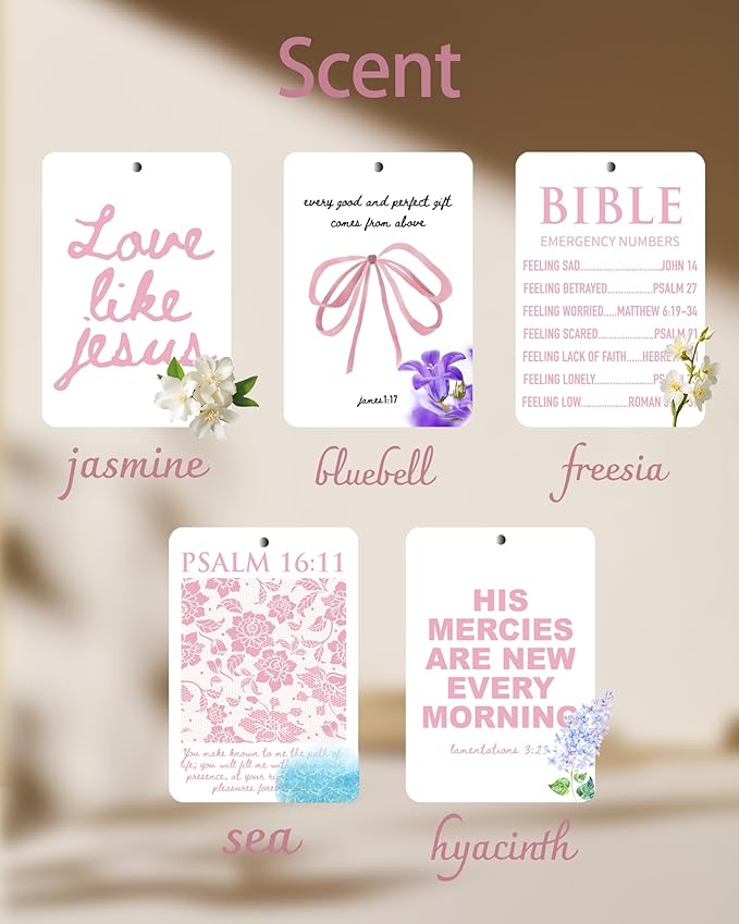 Christian Car Air Freshener Pink Cute Girly Inspirational Coquette 5Pcs Jesus Bible Verses Bow Accessories Car Interior Hanging Scents Mirror Decor Gifts for Women Girls