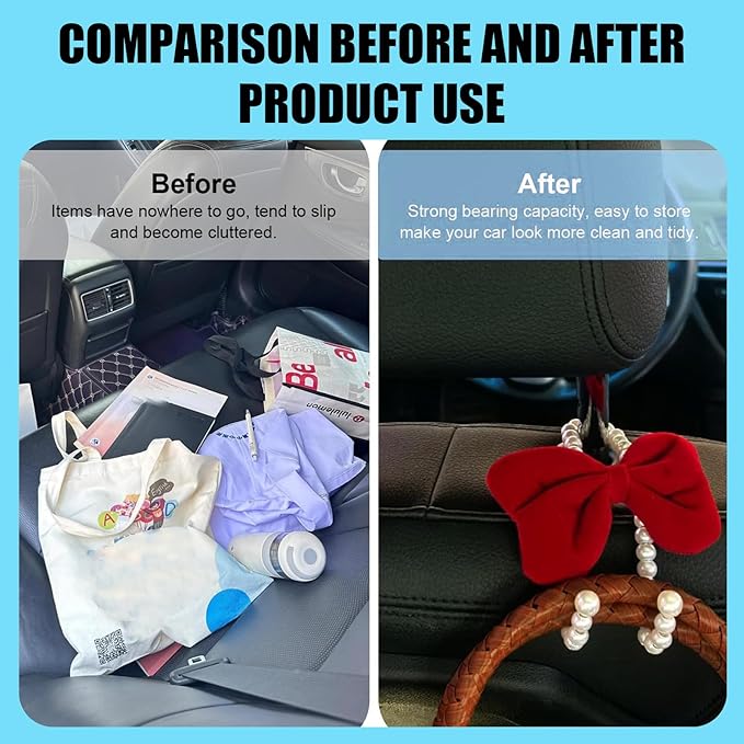 2 PCS Bow Pearl Car Headrest Hooks, Elegant & Cute Seatback Storage Organizers, Durable Alloy Accessories for Hanging Backpacks Umbrellas & Wallets for Girl Women's Vehicles (Red)