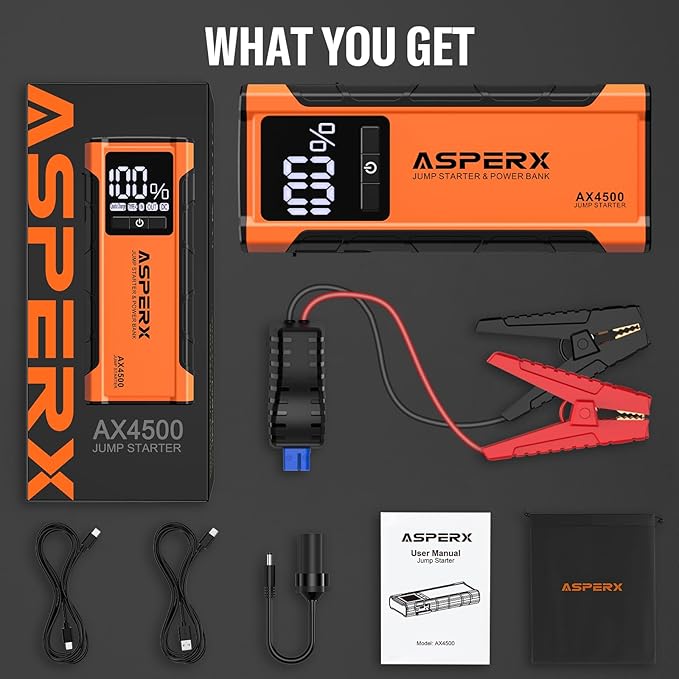 ASPERX AX4500 Jump Starter,4500A Peak Car Starter for Up to All Gas and 10.0L Diesel Engines,12V Battery Starter with 4 Inch LCD Display,Lithium Portable Car Battery Booster Pack
