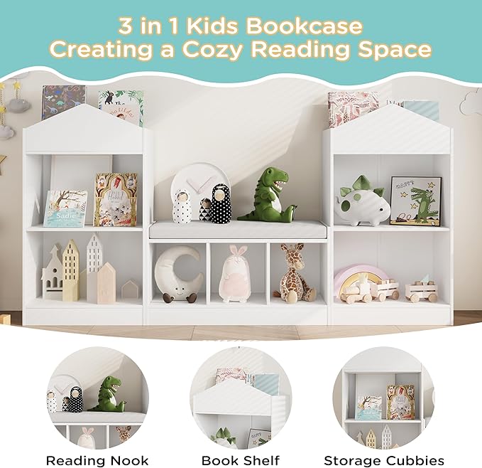 MHOM 68.9“ Kids Bookshelf with Reading Nook, Toy Storage Organizer with Seat Cushion and 7 Storage Cubbies, Wooden Kids Bookcase, Toy Organizers and Storage for Nursery, Playroom, White