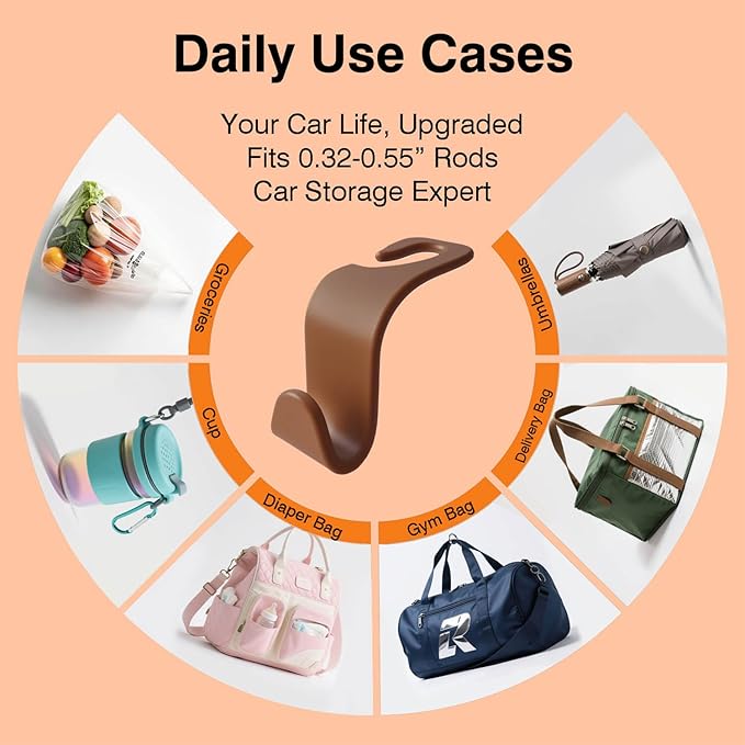 Car Seat Hooks & Purse Holder - 4 Pack Boxed,55 lb Heavy Duty,Eco PP Car Hooks for Purse/Bag/Baby Gear/Gym Bag/Groceries/Cup/,Fits 0.32-0.55”Car Headrest Rods (Brown)