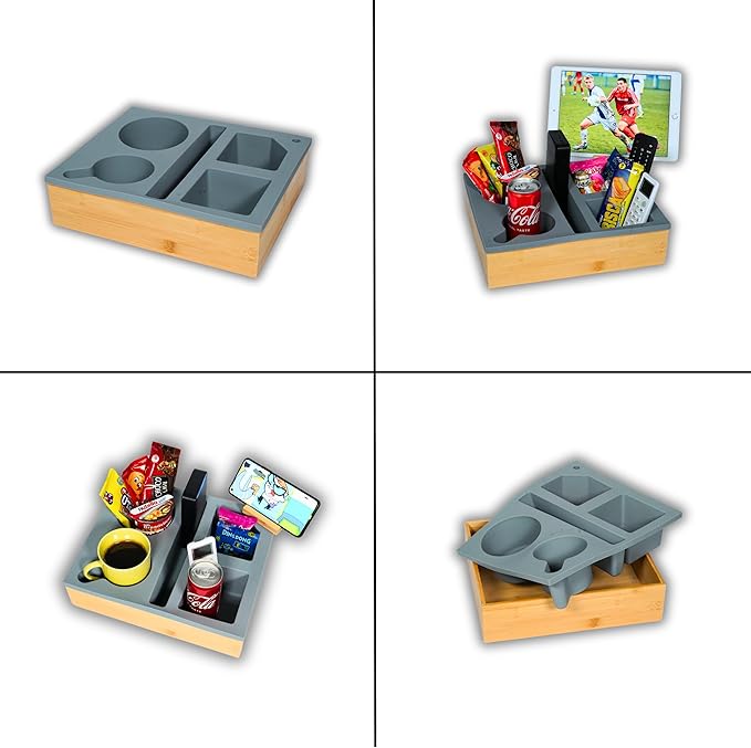 Couch Cup Holder Tray, Versatile Silicone Bamboo Caddy With Adjustable Phone Holder for Bed, Car Seat Organizer and Sofa Waterproof Anti-spill Cup Holder for Snack,Remotes and Drinks (Grey)