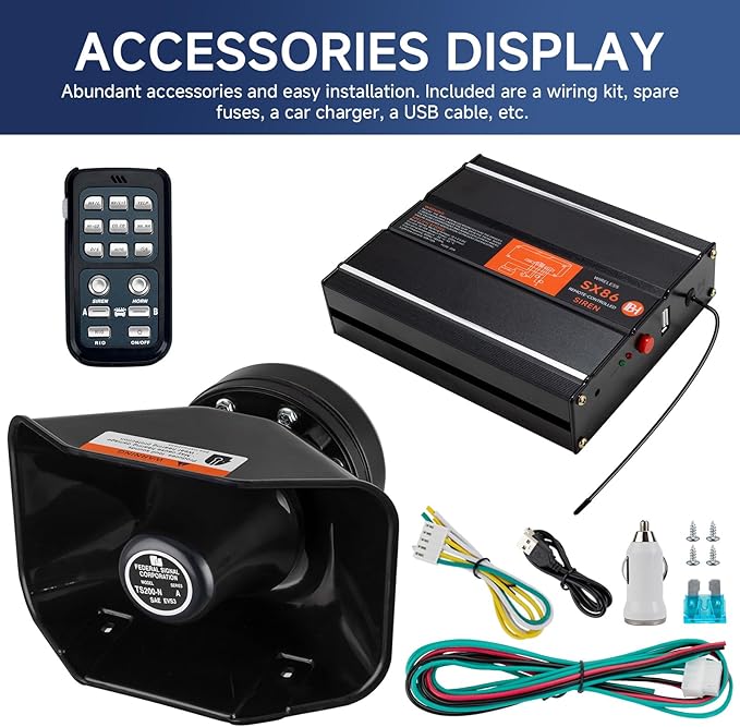 Warning Emergency Siren 12V Police Siren Speaker PA System Kit 200W 125-150dB Remote Control with Handheld Microphone for Car Ambulance Vehicles Fire Truck SUV ATV UTV