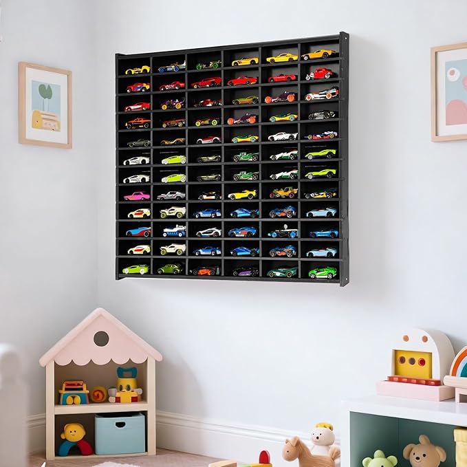 Toy Car Storage Display Case, 72 Slots Model Car Display Shelf for 1/64 Scale Toy Cars, Wall Mount Organizer Rack for Diecast Models (Black)