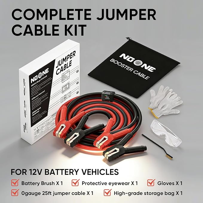 Noone Heavy Duty Jumper Cables, 0 Gauge 25Feet 1000Amp Automotive Booster Cables with Reverse Polarity Protection for Car, SUV and Truck, Jumper Cables Kit with Carry Bag, Gloves, Brushes and Goggles