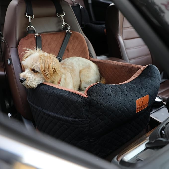 Dog Car Seat for Small Medium Dogs,Portable Pet Booster Seat with Safety Strap & Removable Washable Pad,Memory Foam Dog Travel Bed for Car,SOFE Velvet for Puppies Cats(M-Black/Brown)