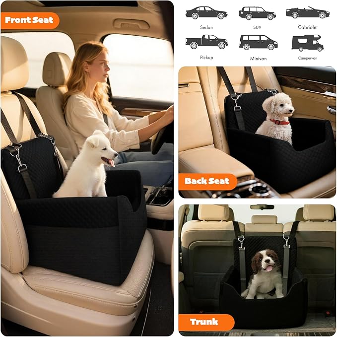 ALL GOOD PET SUPPLIES Dog Car Seat for Small/Medium Dogs Under 35lbs, Soft Booster Car Seat with Detachable Washable Cover and Cushion, Puppy Dog Car Bed, Black