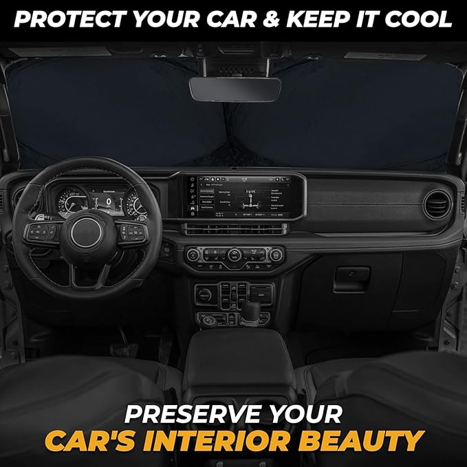 Jeep Windshield Sun Shade - 240T Thickened Material, X-Small (60" x 21"), Windshield Sun Visor Keeps Car Interior Cool, UV Heat and Dashboard Protects, fits with Wrangler, Gladiator and Rubicon