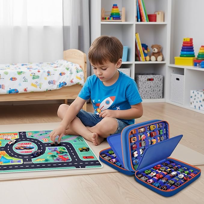 Toy Car Storage Bag for Hot Wheels for Matchbox for LEGO for AZEN for JOYIN for Tub Works Cars Toy Car Organizer Holder with Rug Race Track Mat for 96 Mini Cars - Blue (Case Only) (Blue+Playmat)