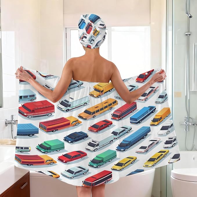 Women Bath Wrap Hair Towel Drying Cap Set Colorful Cars Trucks Pattern Soft Absorbent Bathrobe Shower Wraps with Adjustable Closure Spa Bath Robe