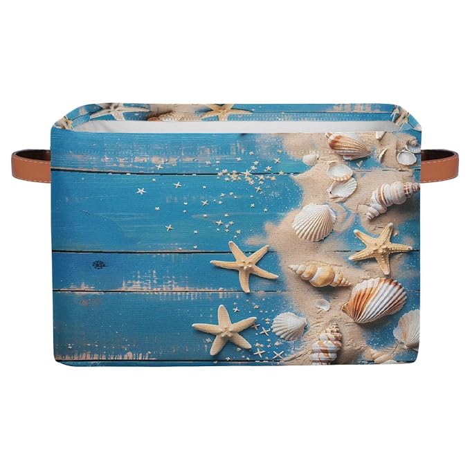 Blue Wooden Board Storage Baskets for Organizing, Fabric Collapsible Storage Bins Box Seashells Decorative Toy Organizer Baskets for Closet Shelves Gift Basket 1 Pc