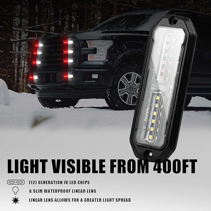WINECO 12 Led POV Emergency Fire Strobe Lights, Red White Firefighter Surface Mount Grille Grill Warning Flashing Light Caution Construction Hazard Light Bar for Trucks Vehicles