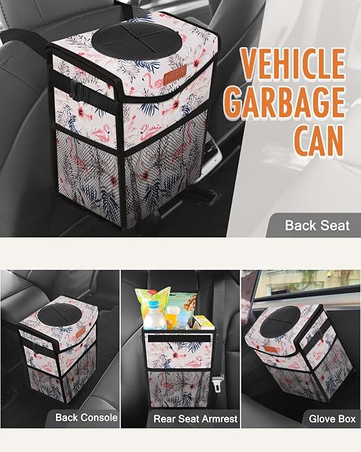Car Trash Can with Lid, Cute Leakproof Car Trash Garbage Bag Hanging Vehicle Trash Bin Small Portable Automotive Garbage Cans Organizer for Back/Front Seat(Trapezoid,Flamingo Print