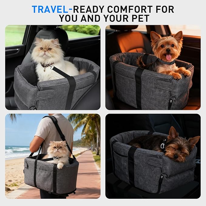 Small Dog & Cat Car Seat, Detachable Seat, Console Fit, Adjustable Straps, Storage Pocket & Clip-On Leash - Ideal for Pets Under 15 lbs