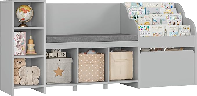 HOSTACK 67" W Kids Reading Nook with Toy Storage Organizer, Large Kids Bookshelf with Toy Storage Box on Wheels, Big Kid Bookcase with Bench and 6 Open Cubbies for Playroom, Kid Room, Grey