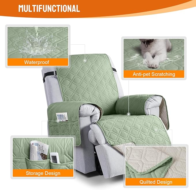 VANSOFY 100% Waterproof Recliner Chair Covers, Recliner Cover Non-Slip Dog Chair Cover Furniture Protector Washable Slipcover with Pocket, Elastic Straps for Pets, Dogs(Light Green, 22")