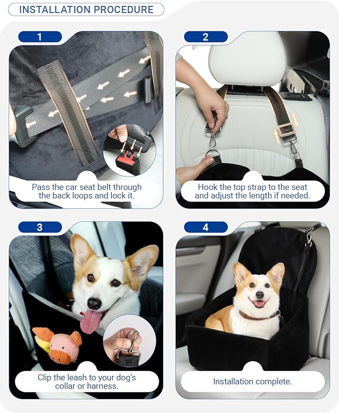 NUPIDA Dog Car Seat for Small Medium Dogs, Dog Booster Seat with Extendable Backrest, Pet Portable Car Seats up to 30 lbs, Washable Travel Bed with Storage Pockets and 2 Safety Leashes, Black