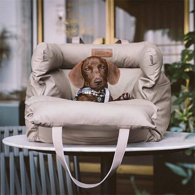 FUNNYFUZZY Leather Dog Car Seat for Small & Medium Sized Dogs Up to 35lbs, Waterproof and Washable Dog Booster Seat Car Bed for Travel and Home,Portable and Safety(Beige)
