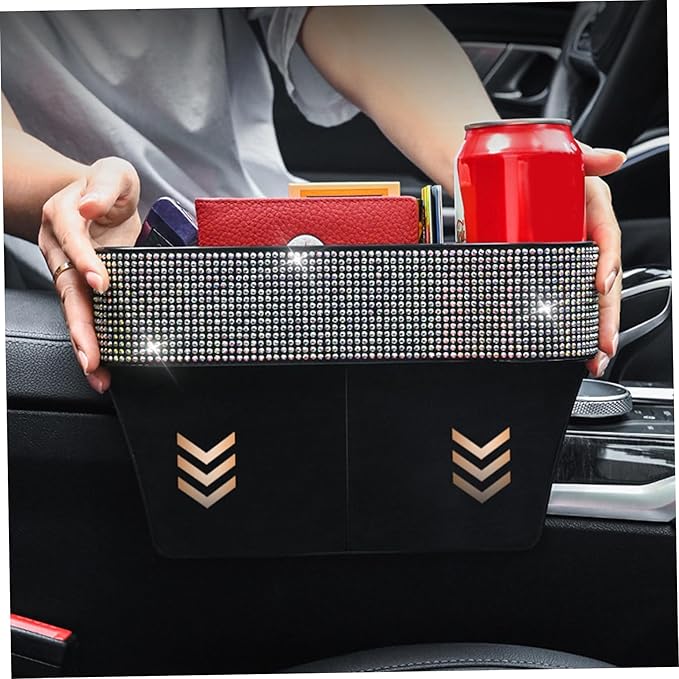 2Pcs Car Seat Gap Filler Organizer, Bling Bling Car Seat Organizer with Cup Holders & Charging Hole, Console Storage with Crystal Rhinestones Diamond