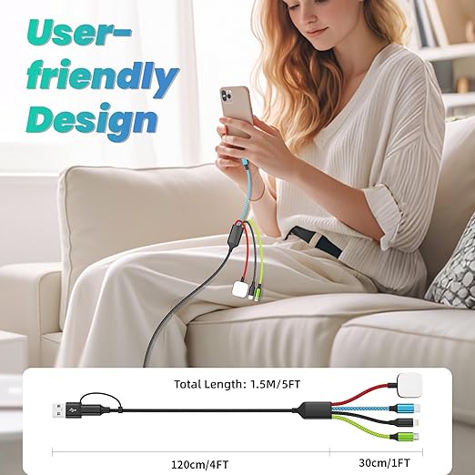 4-in-2 Multi Charging Cable with iWatch Charger, 2Pack 5FT Nylon Braided Charging Cords, USB C/USB A Phone Charger Cord for iPhone 17-5, iPad, Galaxy S25-S21, Travel/Car/Home Use