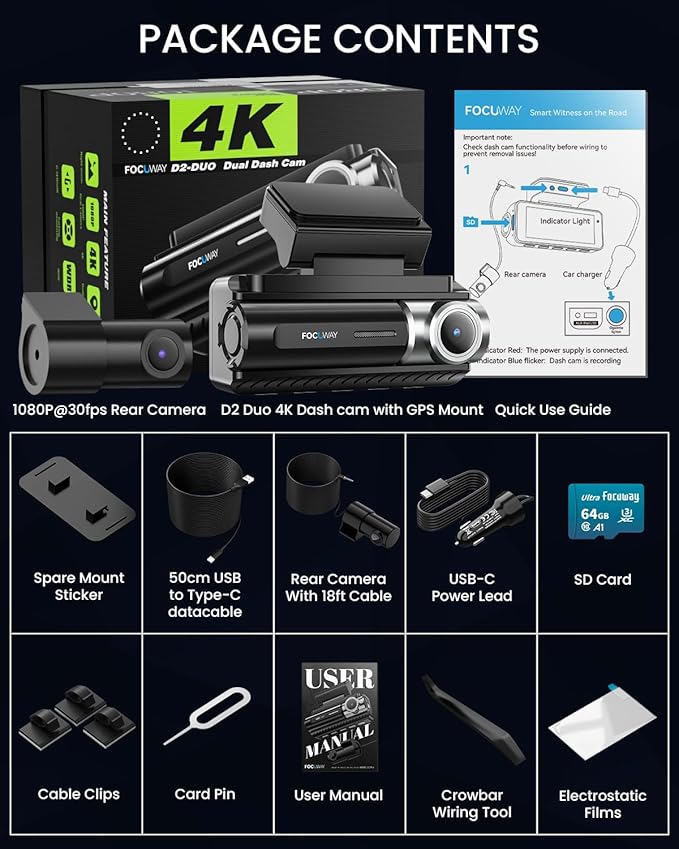FOCUWAY Dash Cam Front and Rear, Real 4K@30fps/2K@60fps+1080P@30fps Dash Camera for Car, Touchscreen, Voice Control, with GPS WiFi, HDR Night Vision, 64GB Card, 160 Wide Angle, 24H Parking Mode