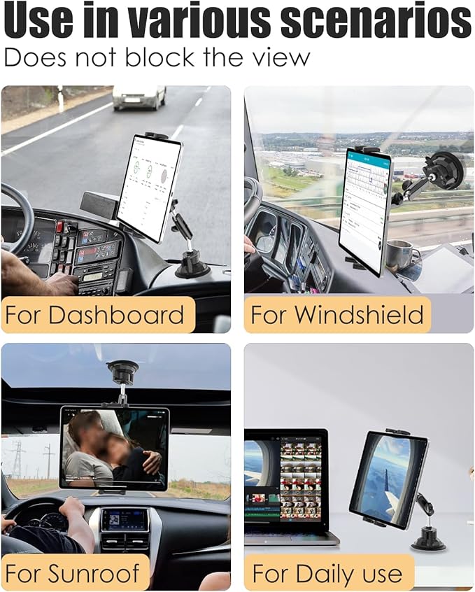 Charchendo Tablet Holder for Car Truck SUV Dashboard Windshield, Strong Suction Cup Tablet Phone Mount with 7.5" Metal Arm 360° Rotation Fits iPad Pro 13/12.9/Air/Mini, Galaxy Z Fold, 4-13" Devices