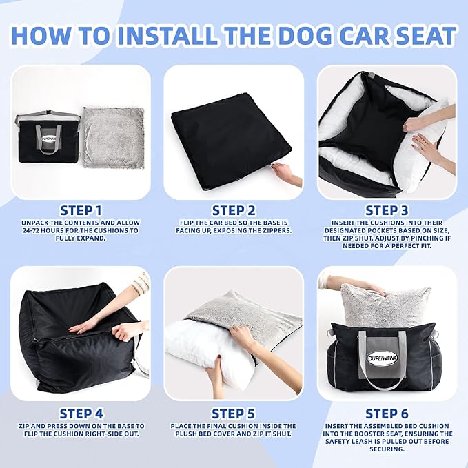 Dog Car Seats for Small & Medium Dogs, Waterproof Dog Booster Seat with Storage Pockets Soft Travel Bed with Clip-On Safety Dogs Leash and Secure Straps Puppy Travel Carrier Bed,Black