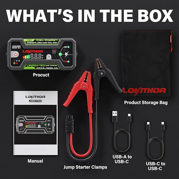 LOKITHOR J1350 PRO Jump Starter with ConnectMax, 1350 Amp LiFePO4 Jump Box for 6.5L Gas and 3.5L Diesel Engines, Car Jumper Starter Portable with 30W Two-Way Fast Charging and More 2000 Cycle Life