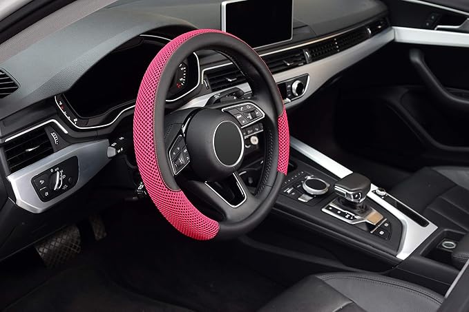KAFEEK 15 inch Steering Wheel Cover, Cooling Ice Silk Mesh with Microfiber Leather, Heat Resistant, Breathable, Anti-Slip, Summer Cool, Universal Fit, Black & Red
