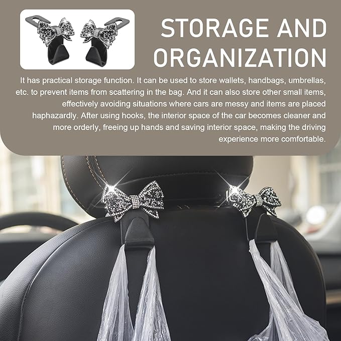 2 PCS Bling Car Seat Headrest Hooks, S Type Crystal Rhinestone Bow Vehicle Seat Back Storage Hooks for Purses Bags Groceries, Universal Diamond Car Rear Seat Organizer (Black)