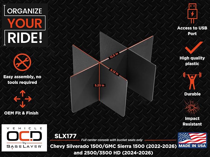 Vehicle OCD Center Console Organizer for Chevy Silverado 1500 / GMC Sierra 1500 (2022-2026) & 2500/3500 HD (2024-2026) (Full Console w/Bucket Seats ONLY) - Made in USA - SLX177