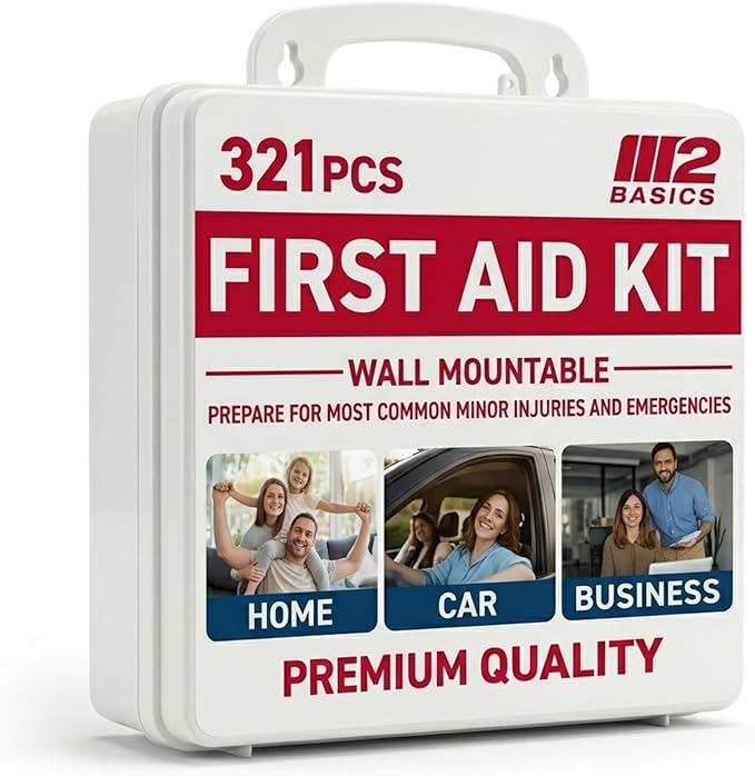 M2 BASICS Premium 321 Piece First Aid Kit, All Purpose Kit with Hard Case for Home, Car, Business, School, Office & Vehicle