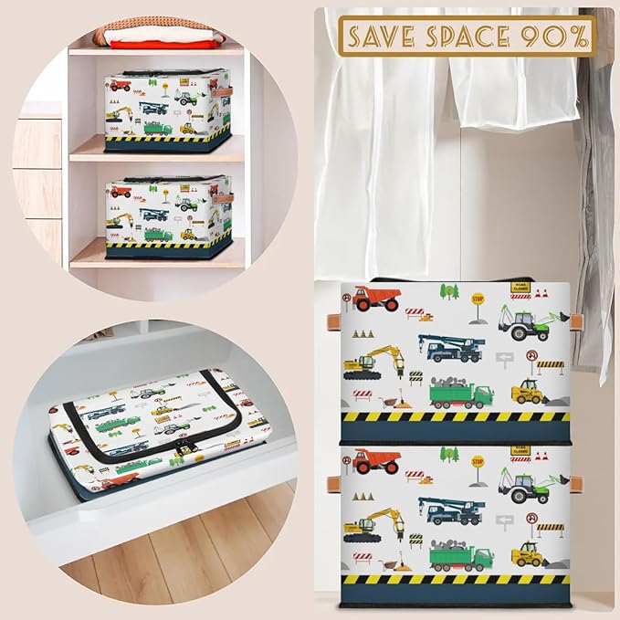 Large Toy Box Collapsible Storage Bins with Lids Closet Storage Baskets for Organizing Shelves Nursery Toy Storage Organizer Boxes for Kids, Boys, Girls (Blue Cute Cartoon Engineering Car)