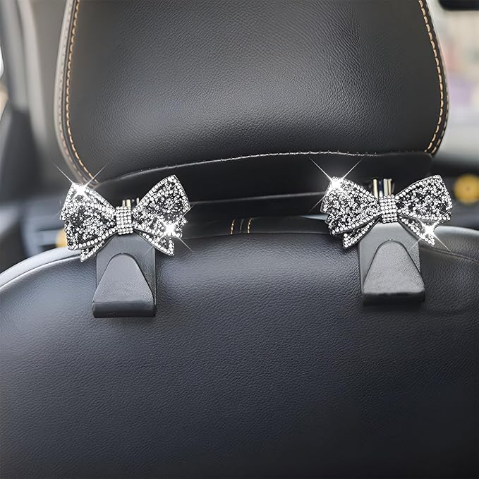 Zpana Bling Car Headreat Hook, 2PCS Crystal Rhinestone Cute Bow Vehicle Seat Back Hanger Storage for Purses Bags Grocery, Diamond Auto Rear Seat Organizer, Universal for SUV Truck Sedan (Black)