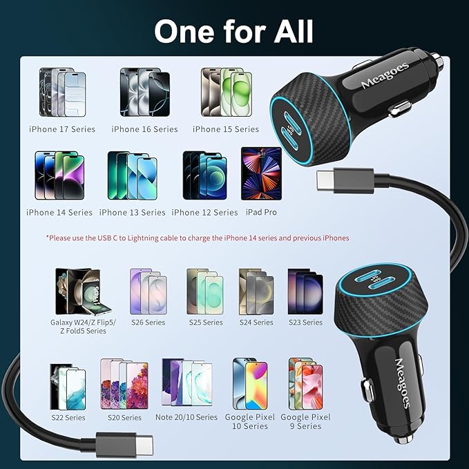 2 Pack 90W USB C Car Charger Super Fast Charging for iPhone 17 Pro Max/Air/16/15/iPad, Samsung S26 Android Phone, Dual 45W PD Port Auto Accessories, 12V Cigarette Lighter Adapter + 6.6 ft Type C Cord