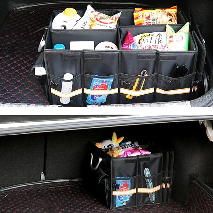 Tianle Car Trunk Organizer - Collapsible Trunk Organizer & Lid Foldable Cover Aluminium Alloy Handle Reflective Strip for Auto, SUV, Truck, Minivan (XL Black)
