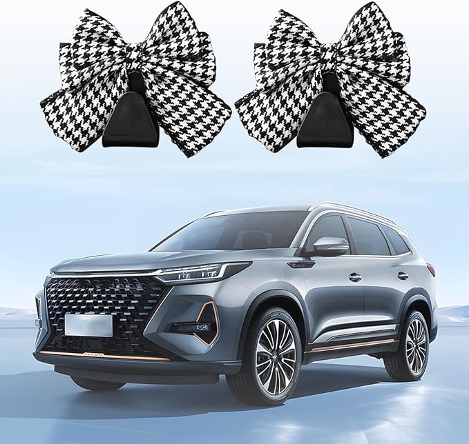 Cute Bow Car Seat Headrest Hooks, 2PCS Multifunctional Vehicle Rear Seat Hanging Hooks, Automotive Interior Seatback Storage Organizer for Purses Bags, Universal Fit (Black/Houndstooth)