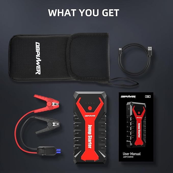 DBPOWER 5000A/80.66Wh Portable Car Jump Starter (UP to 8.0L Gas/6.5L Diesel Engines) 12V Auto Lithium-Ion Battery Booster with Smart Clamp Cables, Quick Charge, and LED, Storage Bag