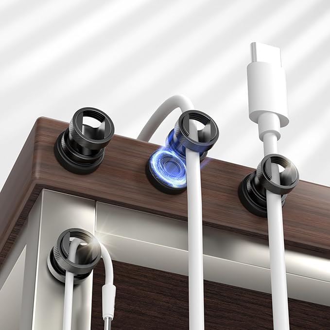 Maveek Magnetic Cable Holder 6 Pack, Stainless Steel Cord Clips Wire Organizer Office Desk Accessories USB Charging Cords Management Nightstand (Metallic Black)