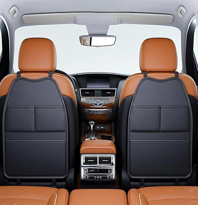 2 Pack Seat Back Protector - Leather Kick Mat with Storage Pockets, Front & Back Seat Cover for Kids -Large Capacity Car Seat Organizers and Storage for Child, Splashproof & Easy Clean