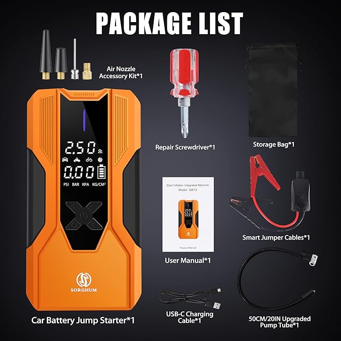 Sorghum Battery Jumper Starter Portable - 8000A Car Battery Jump Starter with Air Compressor, 150PSI Jump Box with Tire Inflator, Car Battery Booster Jump Pack for All Gas/12L Diesel
