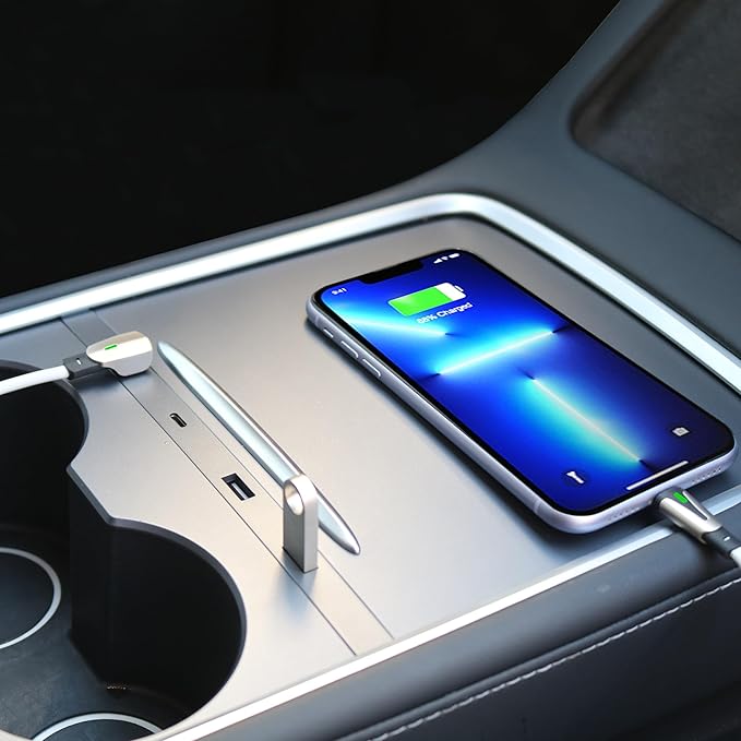 Car USB Hub Charger for Tesla Center Console with Fast Charging Retractable Cables Phone Charger Docking Station Accessories(Model 3 2021-2023 & Model Y 2021-2024)