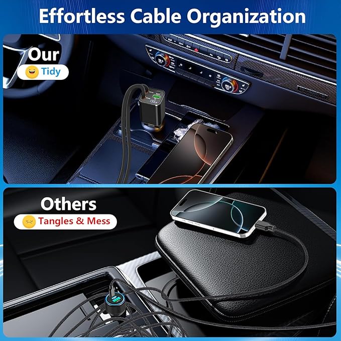 Retractable Car Charger, 120W 4-in-1 USB-C & Lightning Fast Charge Car Phone Charger, Dual Retractable Cable for iPhone 17/16/15/14/13/12 Samsung Travel Essentials Gifts for Women Men
