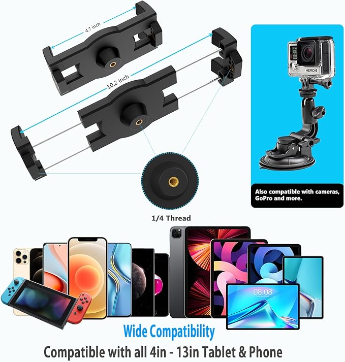 Heavy Duty Suction Car Tablet Mount for Windshield, Truck Tablet Holder Dashboard Window with 1/4" Screw Adapter for iPad Pro Air Mini, Galaxy Tabs, Phones, 4-12.9" & Gopro/Camera