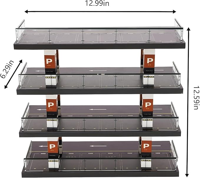 4-Tier 1:64 Die-Cast Car Display Case – Clear Acrylic Parking Garage Style Toy Car Organizer with Solid Wood Base, Dust-Proof Display Shelf for Miniature Car Collectors & Kids' Gifts