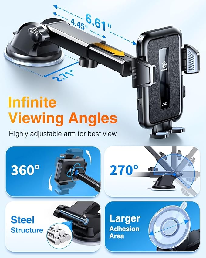 VANMASS ใ85+LBS Strongest Suction & Military-Grade Ultimate Car MountใPatent & Safety Certsใ Cell Phone Holder Truck Stand for GPS Vehicle Dashboard Windshield Vent for iPhone Samsung, Clear Black