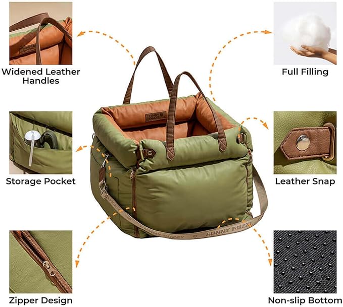 FUNNYFUZZY Leather Dog Car Seat for Small & Medium Sized Dogs Up to 35lbs, Waterproof and Washable Dog Booster Seat Car Bed for Travel and Home,Portable and Safety(Green)